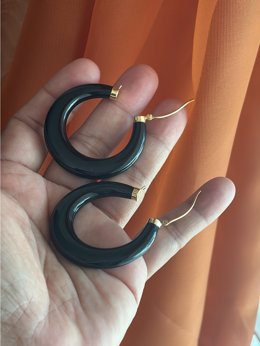 14k Gold Black Onyx Oversized Hoop Earrings